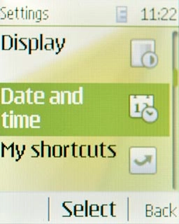 Scroll to Date and time and press the Navigation key.