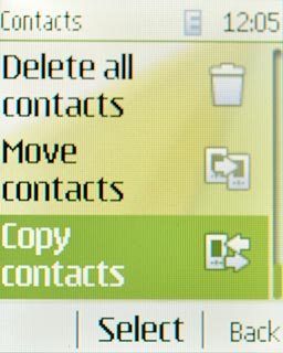 Scroll to Copy contacts and press the Navigation key.