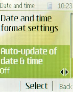 Scroll to Auto-update of date & time and press Navigation key right to select the required setting.