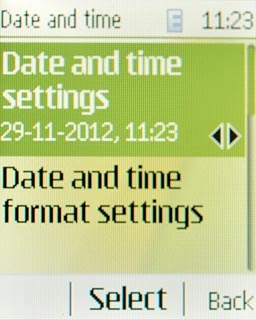 Scroll to Date and time settings and press the Navigation key.
