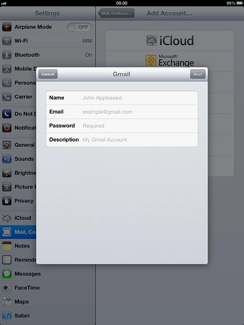 Press Email and key in your email address (such as name@provider.com).