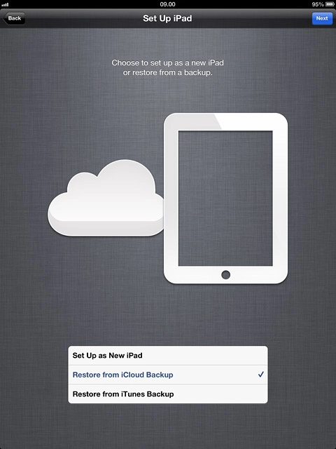 If you've used an iPad before and want to restore previous content from an iCloud backup:Press Restore from iCloud Backup and go to step 5b.