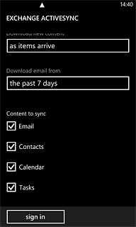 Press one of the following data types to turn synchronisation on or off:Email