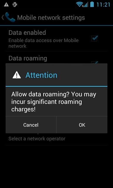 If you turn on data roaming:Press OK to confirm.