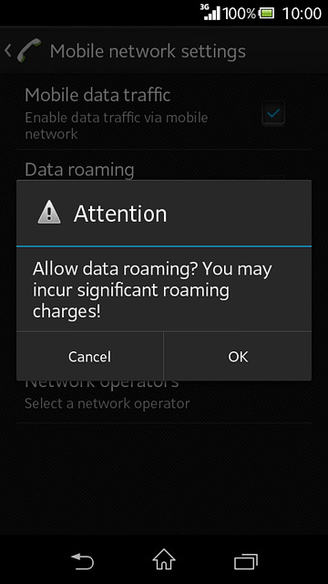 If you turn on data roaming:Press OK to confirm.