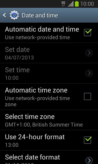 Press Automatic date and time until the function is turned on.
