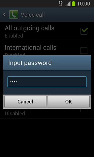 Key in your barring password (default is 0000) and press OK.Depending on the current setting, call barring is turned on or off.