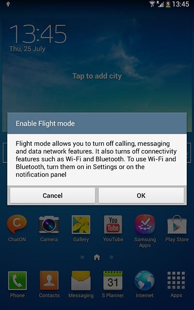Press OK.Depending on the current setting, flight mode is turned on or off.