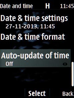 Scroll to Auto-update of time and press the Navigation key.
