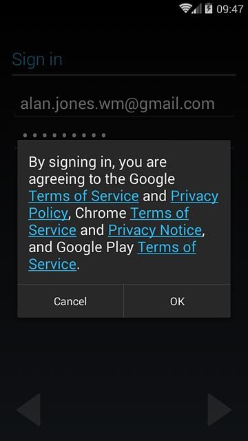 Press OK.Follow the instructions on the display to select settings for your Google account.