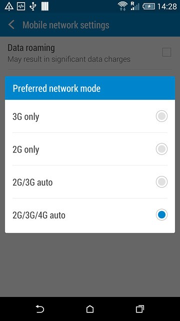 Press 3G only, 2G only, 2G/3G auto or 2G/3G/4G auto.