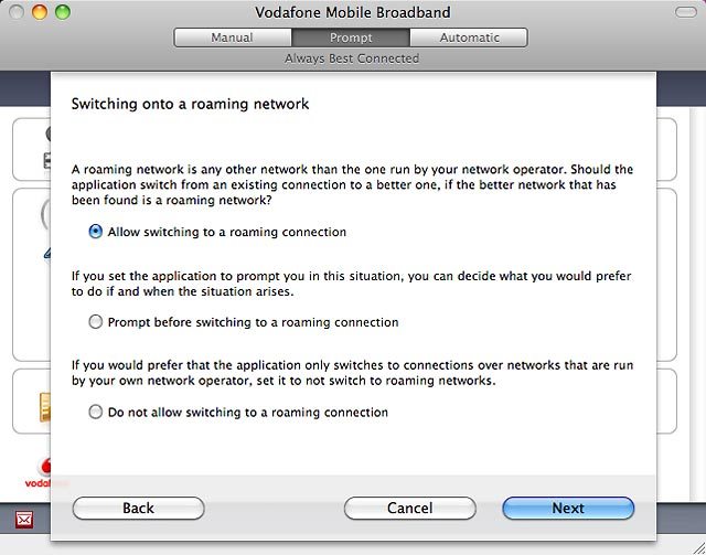 Highlight one of the following options:Allow switching to a roaming connection