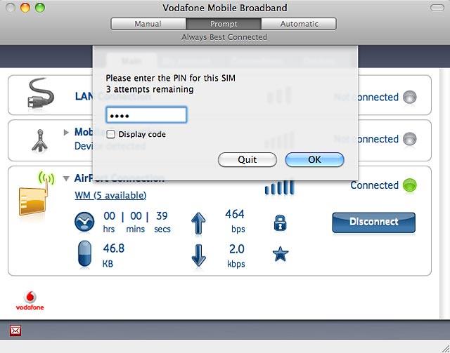 Follow the instructions on the screen to install your USB modem.The USB modem application starts automatically when the installation is complete.Key in your PIN and click OK.