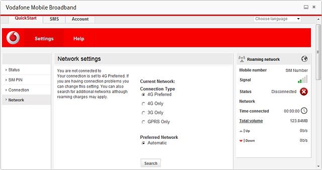 Click Search.Your USB modem searches for networks within range.Follow the instructions on the screen to select the required network.The screen will tell you if you have access to the network you've chosen.