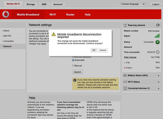 If a connection to the internet has been established:Click OK to end the connection.