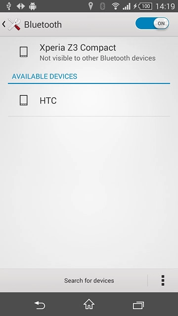 Make sure the other device is turned on and is ready to connect via Bluetooth.Your phone now searches for devices and after a moment, a list of Bluetooth devices within range is displayed.Press the required Bluetooth device.Follow the instructions on the display to pair the Bluetooth device with your phone.The new device is displayed on the list of paired devices.