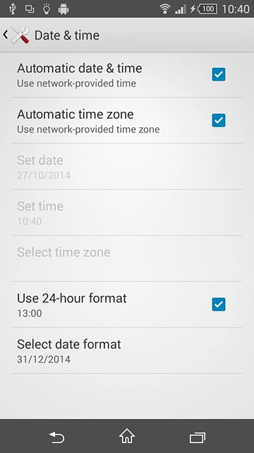 Press Automatic date & time until the function is turned on.