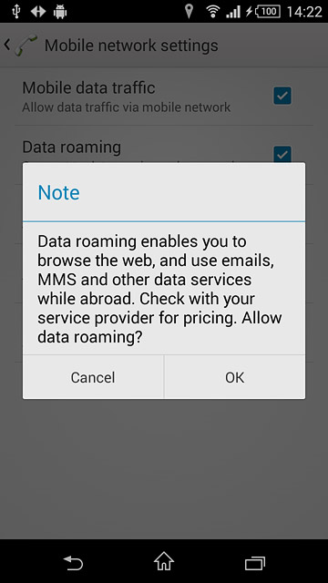 If you turn on data roaming:Press OK to confirm.