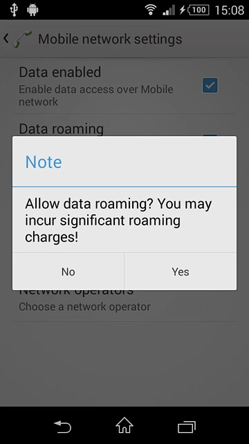 If you turn on data roaming:Press Yes to confirm.