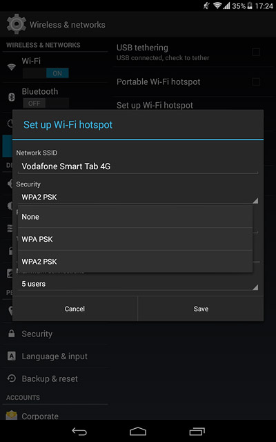 If you want to password protect your hotspot:Press WPA2 PSK.