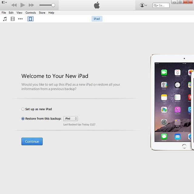 Click Continue.Your tablet restores the contents of the selected backup.