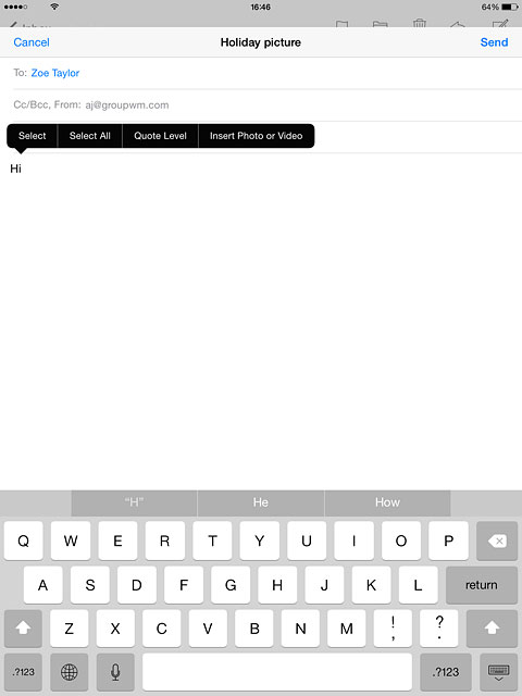 Press and hold anywhere on the text input field.Press Insert Photo or Video.