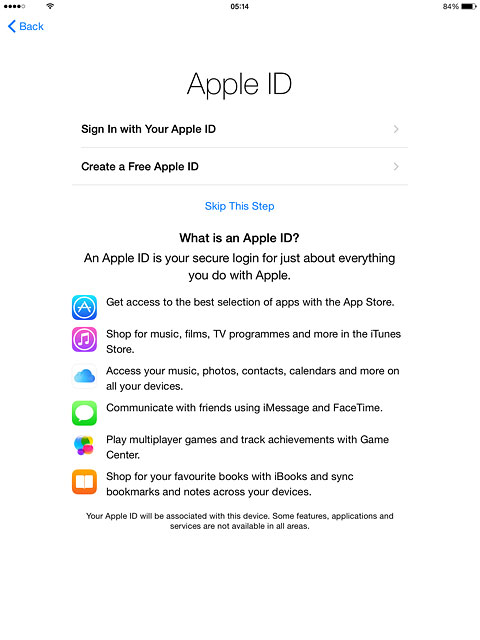 To activate your tablet using an existing Apple ID:Press Sign In with Your Apple ID.