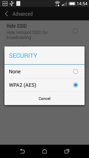 If you don't want to password protect your Wi-Fi hotspot:Press None.