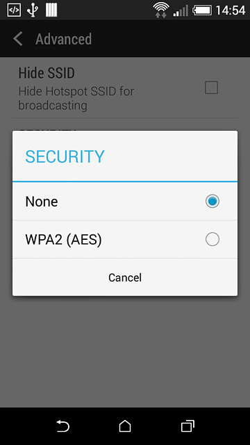 If you want to password protect your Wi-Fi hotspot:Press WPA2 (AES).