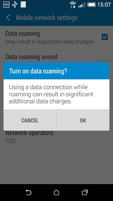 If you turn on data roaming:Press OK to confirm.