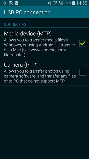 Press Media device (MTP) until the function is turned on.