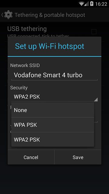 If you don't want to password protect your Wi-Fi hotspot:Press None.
