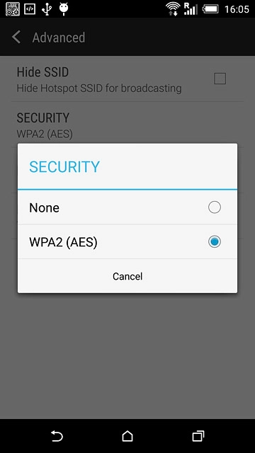 If you don't want to password protect your Wi-Fi hotspot:Press None.