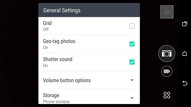 Press Geo-tag photos to turn the function on or off.