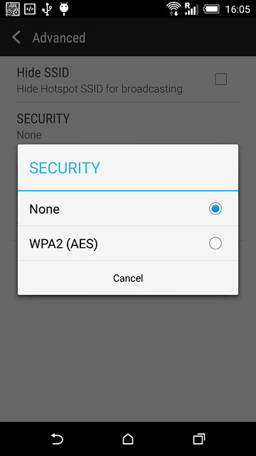If you want to password protect your Wi-Fi hotspot:Press WPA2 (AES).