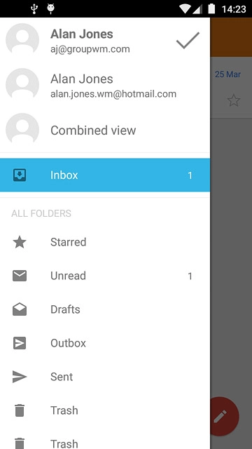 Slide your finger right on the display starting from the left side of the display.Press the required email account.