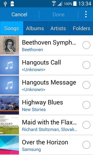 Go to the required folder.Press the different ring tones to listen to them.