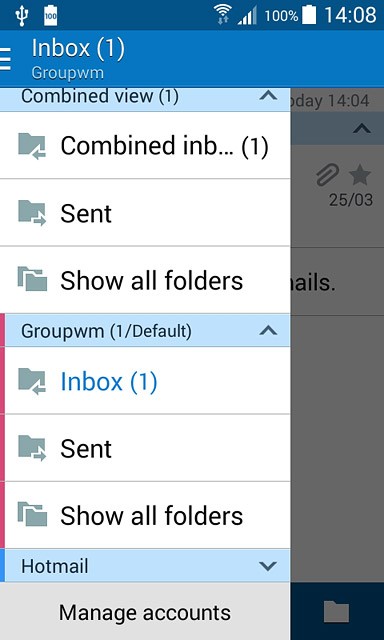 Slide your finger right starting from the left side of the display.Press Inbox below the required email account.