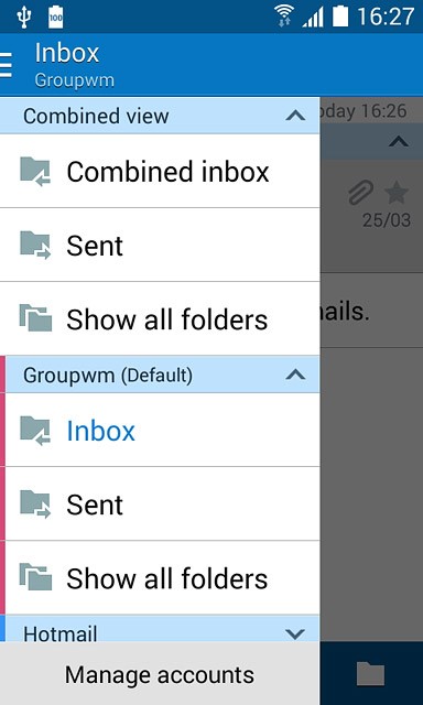 Slide your finger right on the display.Press Inbox below the required email account.