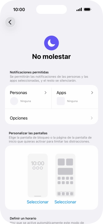 Pulsa Personas y sigue las indicaciones de la pantalla para seleccionar de qué contactos quieres recibir llamadas y notificaciones cuando No molestar está activado.