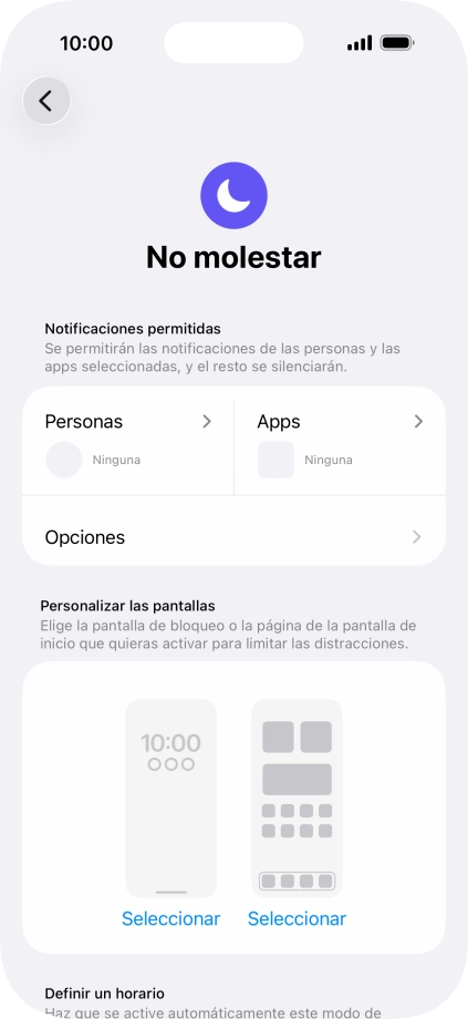 Pulsa Personas y sigue las indicaciones de la pantalla para seleccionar de qué contactos quieres recibir llamadas y notificaciones cuando No molestar está activado.