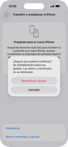 Pulsa Restablecer ajustes. Espera unos instantes mientras el teléfono restablece la configuración predeterminada. Sigue las indicaciones de la pantalla para configurar el teléfono y dejarlo listo para su uso.