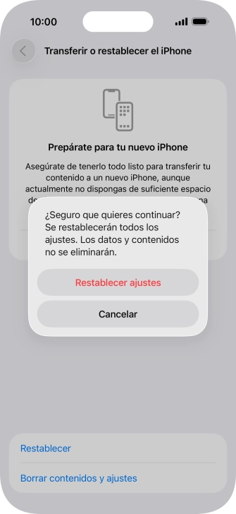 Pulsa Restablecer ajustes. Espera unos instantes mientras el teléfono restablece la configuración predeterminada. Sigue las indicaciones de la pantalla para configurar el teléfono y dejarlo listo para su uso.