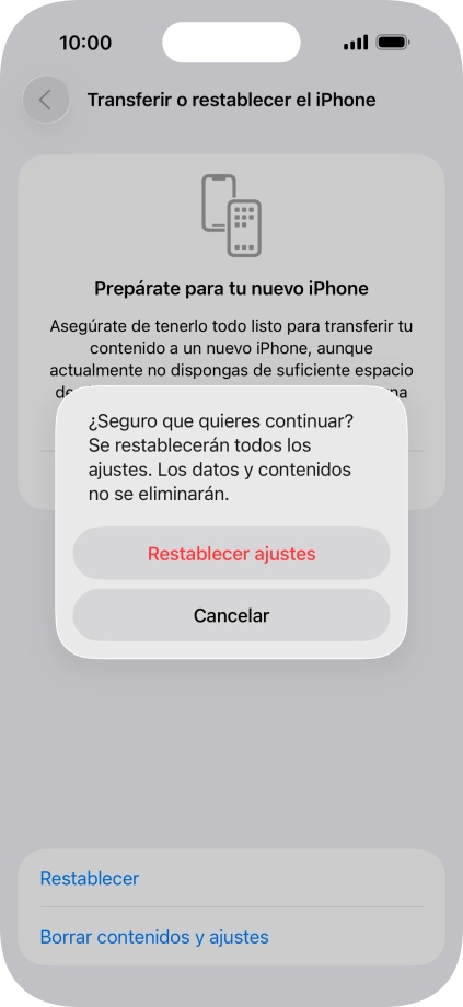 Pulsa Restablecer ajustes. Espera unos instantes mientras el teléfono restablece la configuración predeterminada. Sigue las indicaciones de la pantalla para configurar el teléfono y dejarlo listo para su uso.