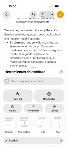 Pulsa Describe qué quieres hacer y escribe con tus propias palabras cómo quieres que se reescriba el texto. Sigue las indicaciones de la pantalla para utilizar la función.