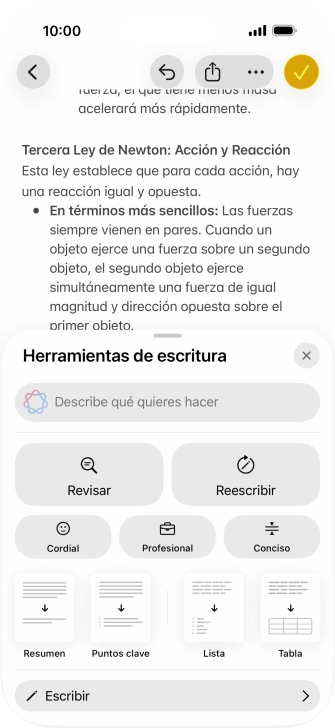 Pulsa Describe qué quieres hacer y escribe con tus propias palabras cómo quieres que se reescriba el texto. Sigue las indicaciones de la pantalla para utilizar la función.