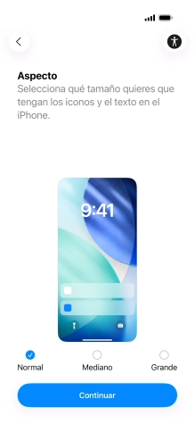 Selecciona el tamaño de letra y de los iconos que debe tener el teléfono y pulsa Continuar.