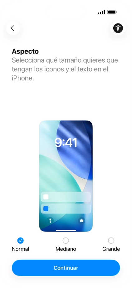 Selecciona el tamaño de letra y de los iconos que debe tener el teléfono y pulsa Continuar.