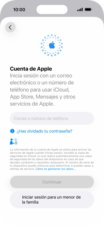 Pulsa Correo o número de teléfono e introduce el nombre de usuario de tu Cuenta de Apple.