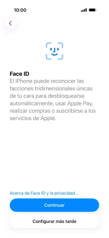 Sigue las indicaciones de la pantalla para activar el uso del reconocimiento facial (Face ID) o pulsa Configurar más tarde.